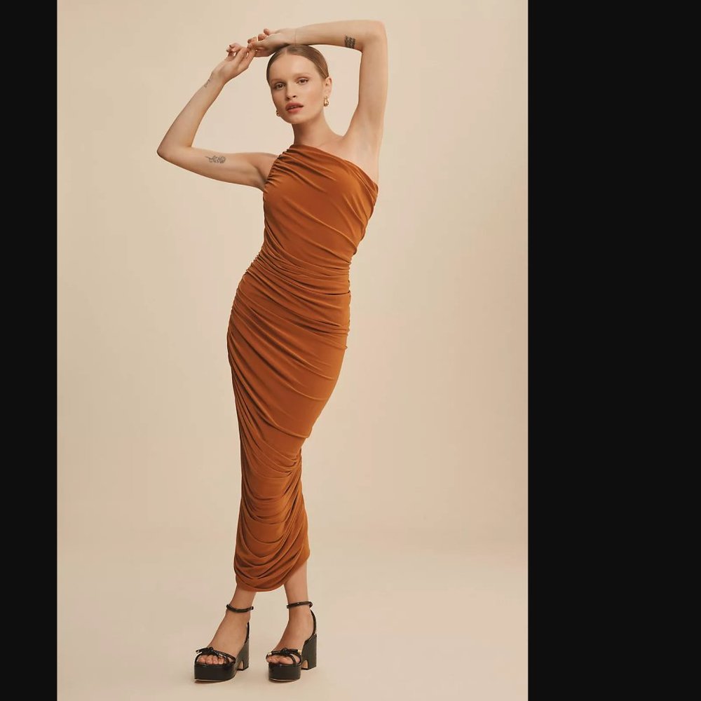 Norma Kamali One-Shoulder Ruched Dress in Rust